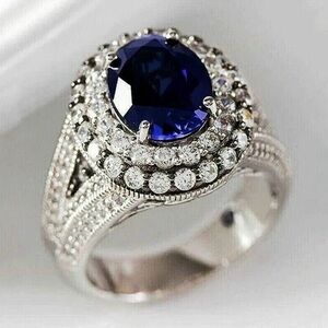 14K White Gold Blue Sapphire Diamond Gemstone Ring